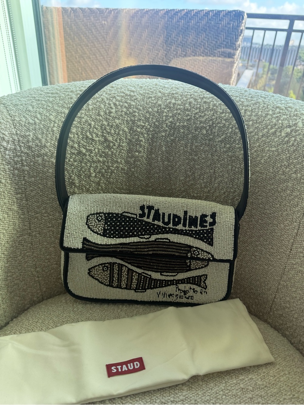 STAUD White and Black Beaded Fish-Print Shoulder Bag - Picture 2 of 4